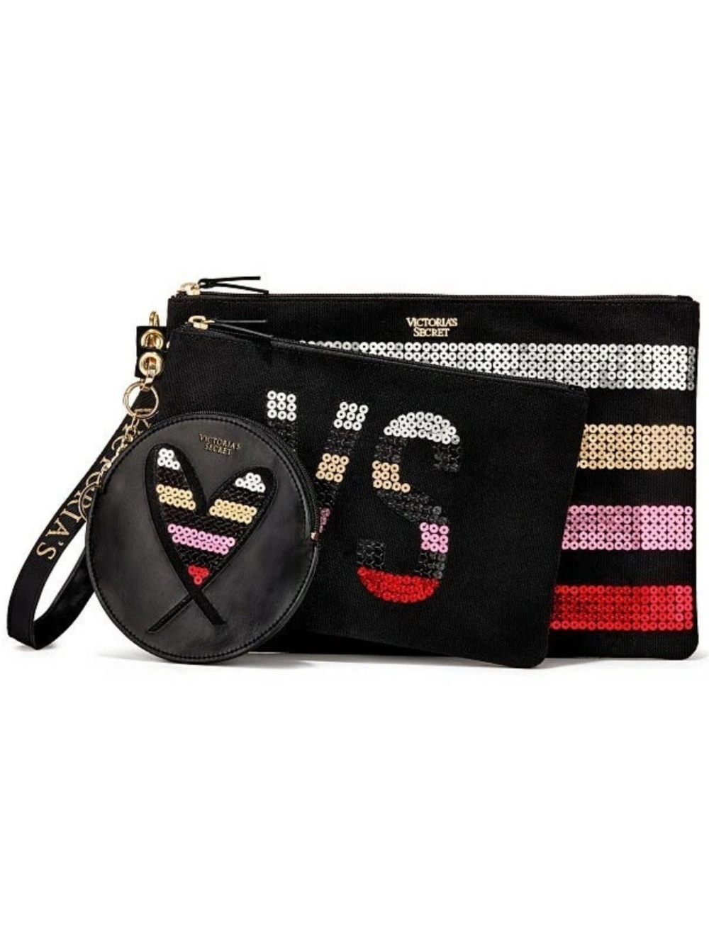 Victoria's Secret Pink Red Black Sequin Logo Wristlet Cosmetic Bling Bag Set NWT